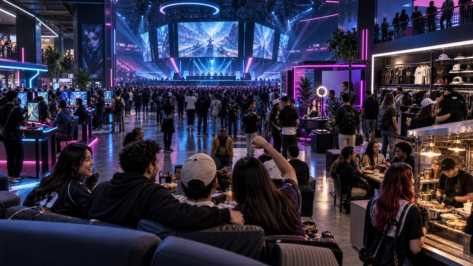 An esports arena combines competition with fan, arcade, creator, and concourse spaces.