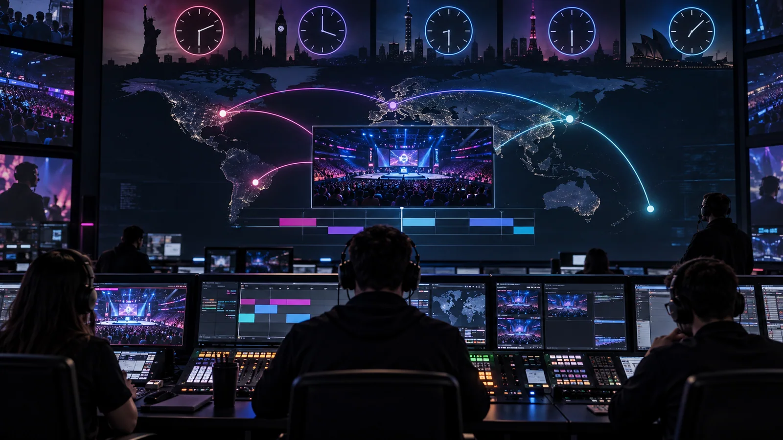 An esports broadcast control room schedules one match across global time zones.