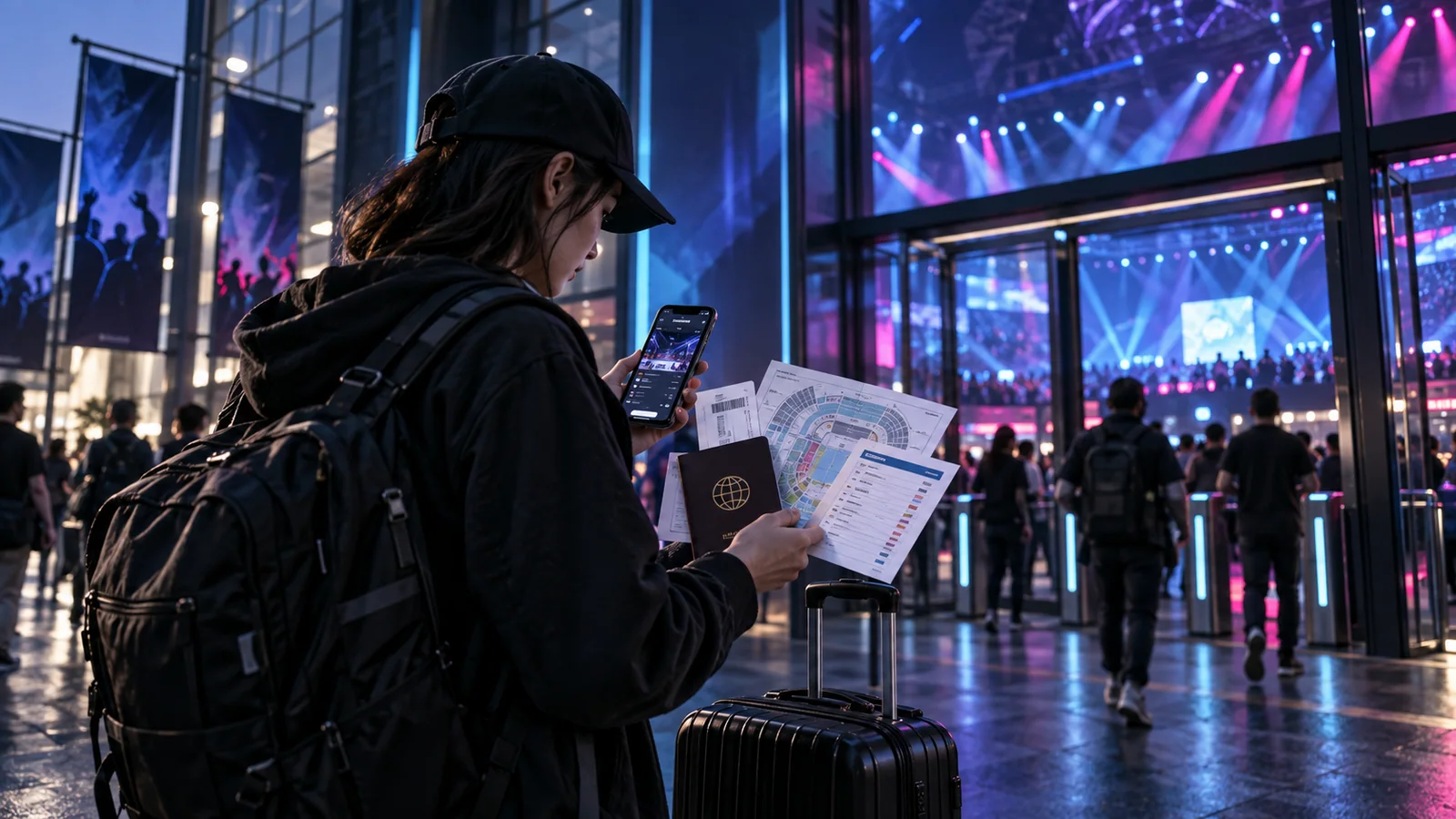 A traveler verifies ticket, venue, schedule, and passport outside an esports arena.