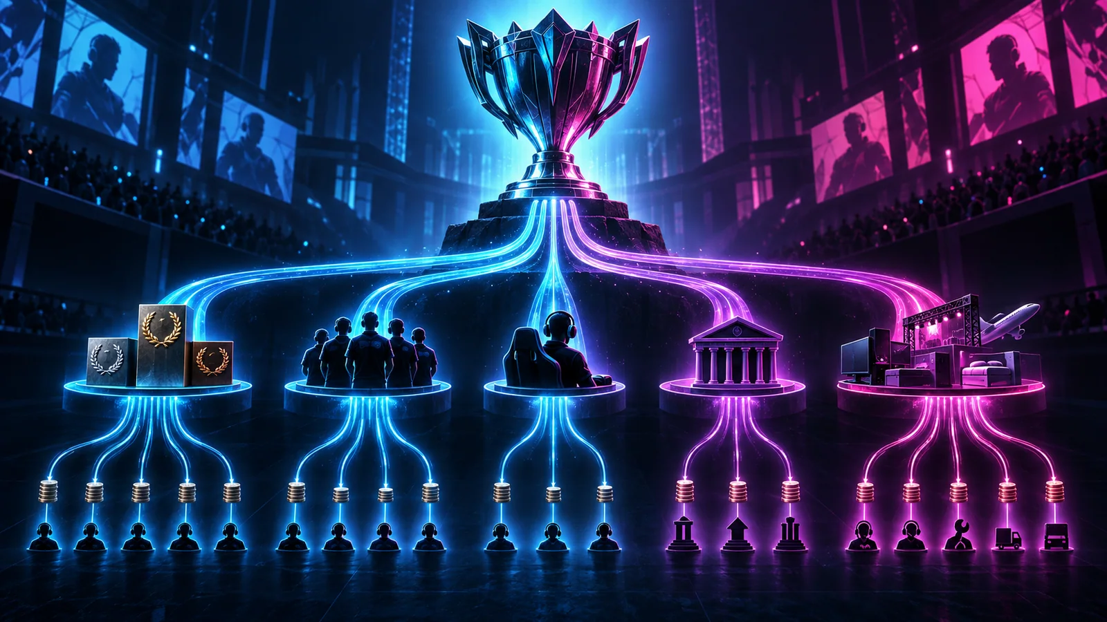 A tournament prize branches through placements, teams, players, taxes, and costs.